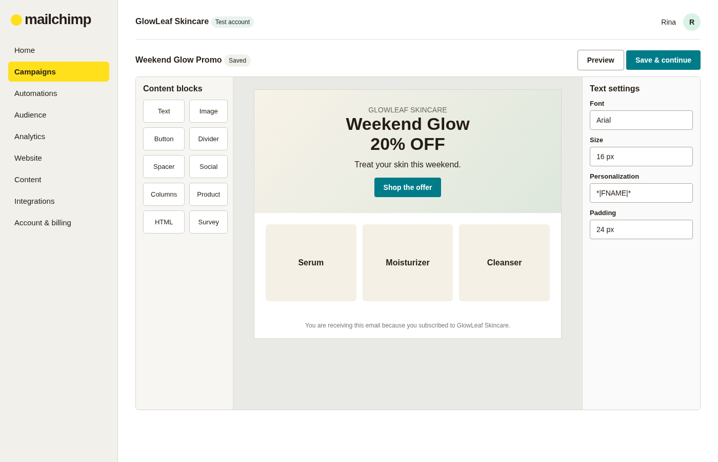 Mailchimp drag-and-drop email builder showing content blocks, text settings, personalization controls and a promotional email layout.