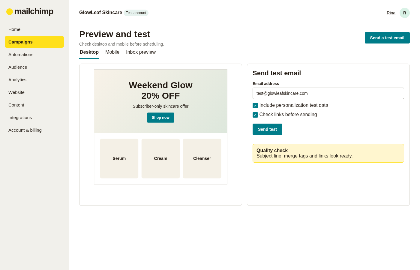 Mailchimp preview and test screen showing desktop and mobile email views, test-email controls and campaign quality checks.