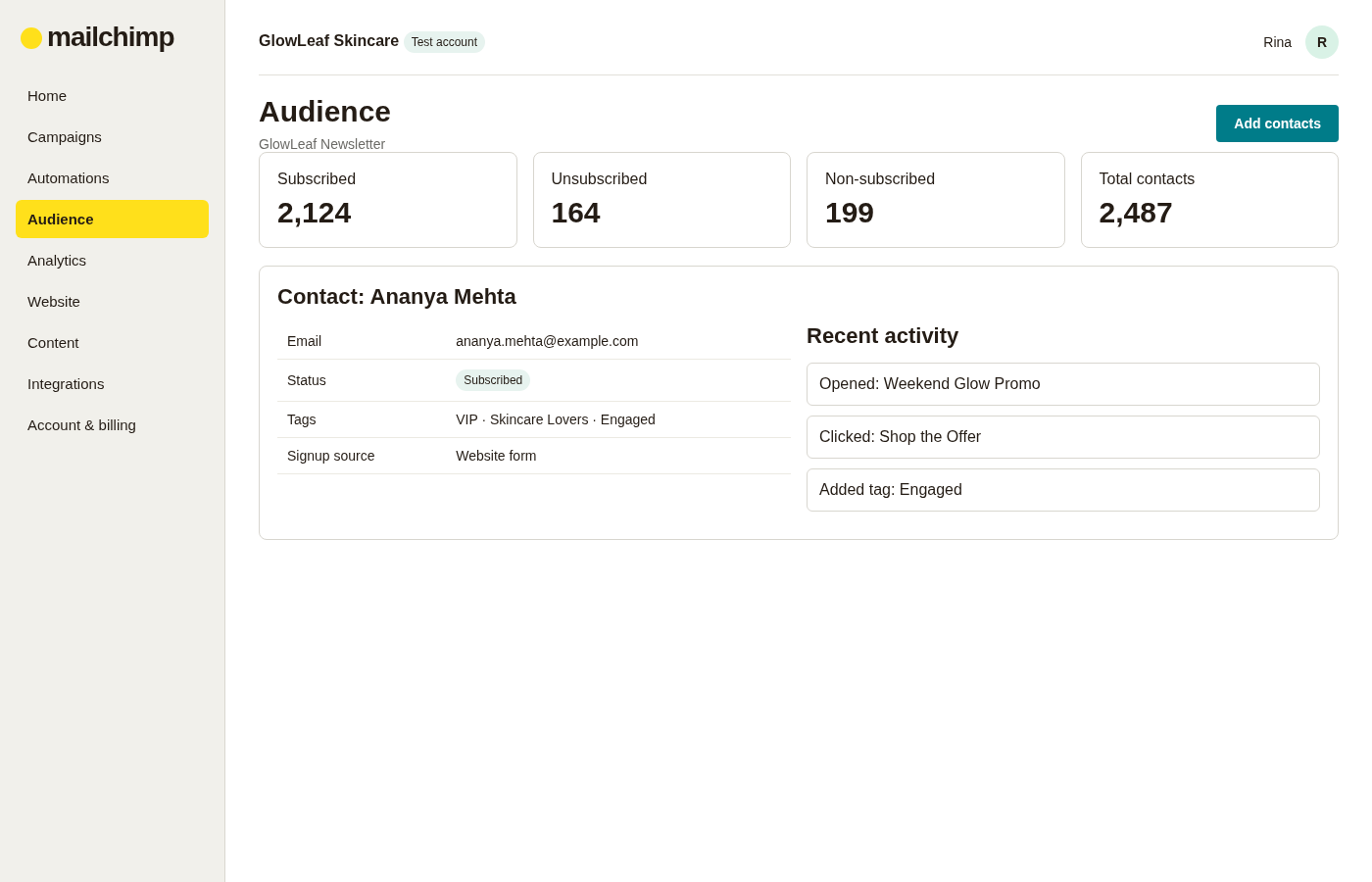 Mailchimp audience dashboard showing subscriber totals, contact details, tags and recent email activity for an individual contact.