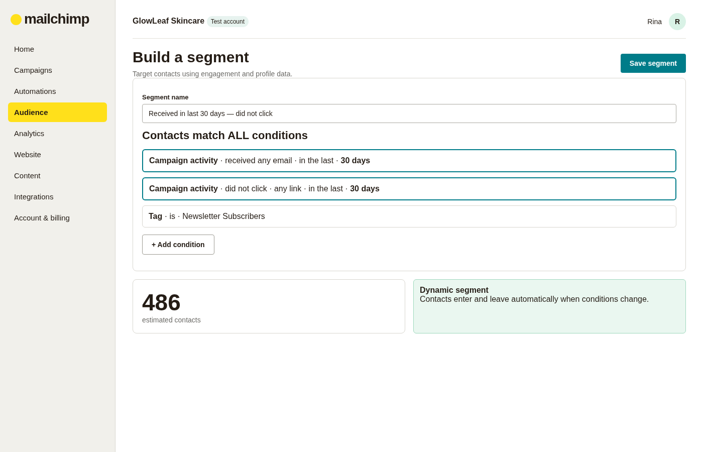 Mailchimp dynamic segment builder showing campaign activity conditions, tag rules and an estimated contact count.
