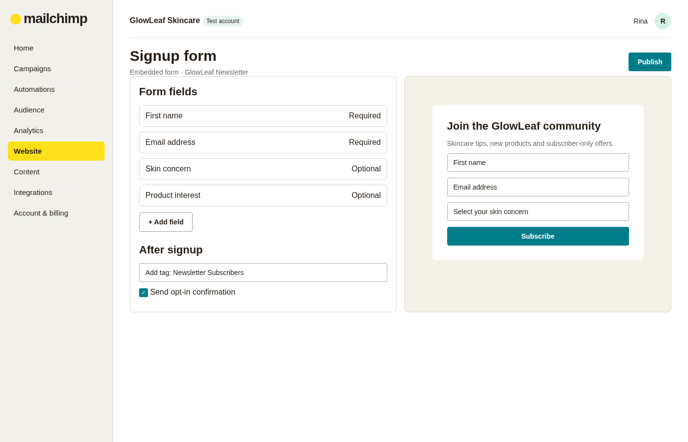 Mailchimp signup form builder showing form fields, audience assignment, confirmation settings and a subscriber form preview.