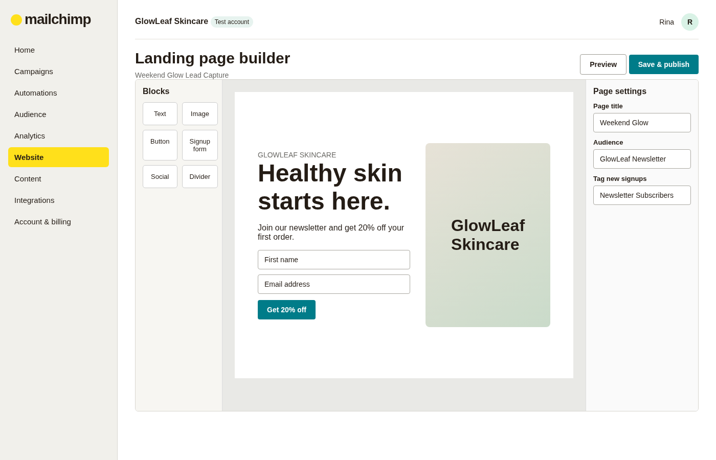 Mailchimp landing page builder showing content blocks, page settings, audience selection and a skincare lead-capture page.
