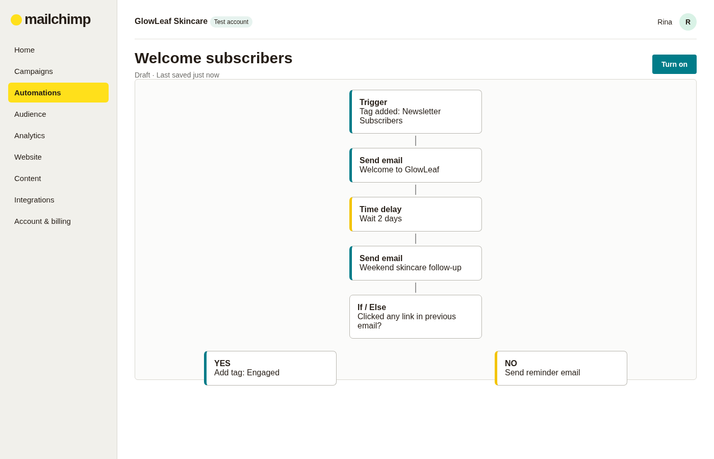 Mailchimp welcome automation flow showing a tag trigger, welcome email, time delay, follow-up email and engagement-based branching.