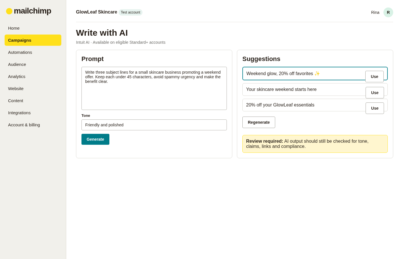 Mailchimp Write with AI screen showing a campaign prompt, tone setting and generated email copy suggestions.