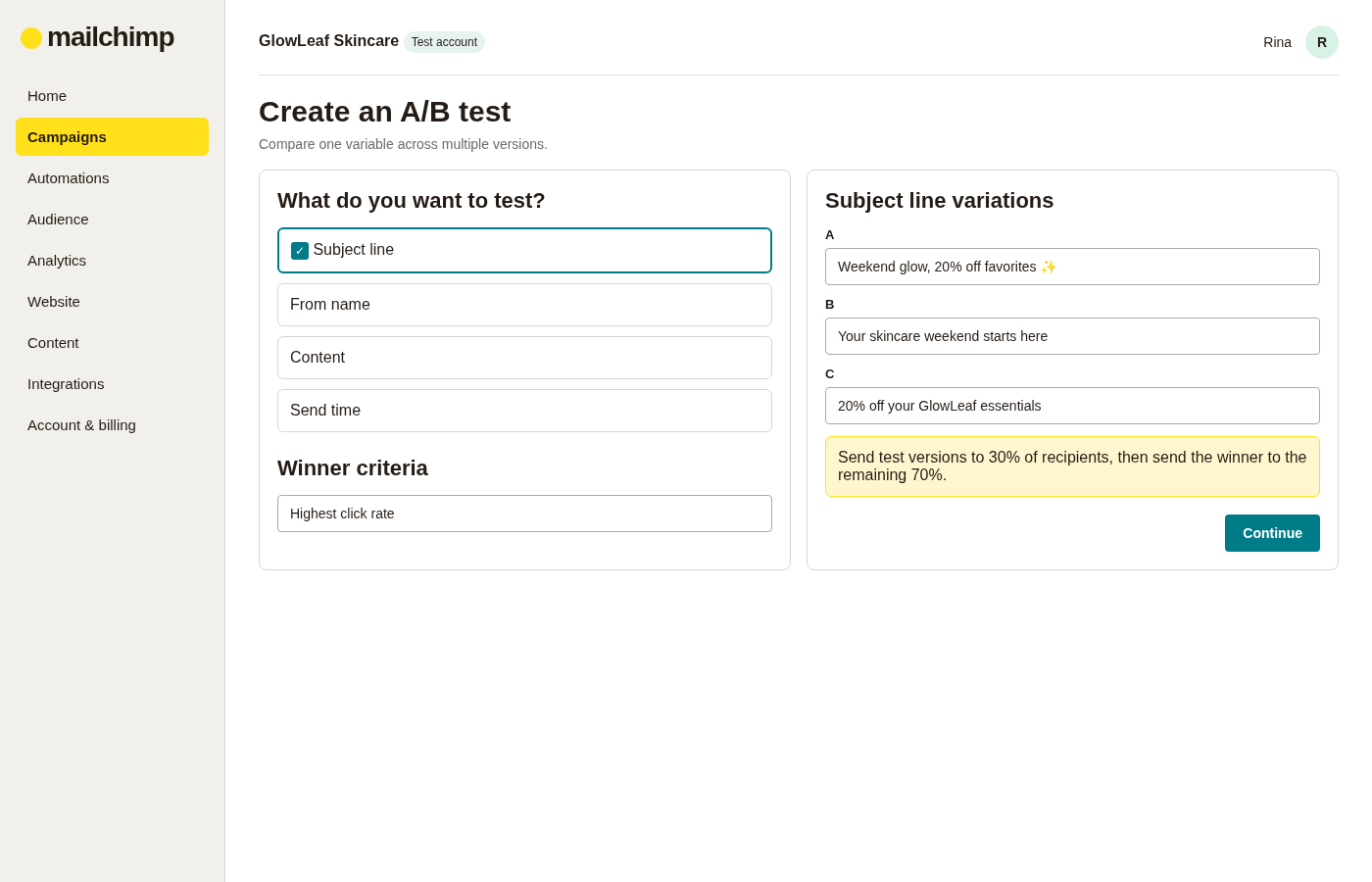Mailchimp A/B test setup showing subject line variations, winner criteria and recipient split settings.