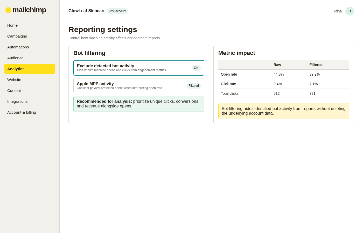 Mailchimp reporting settings showing bot filtering controls and the impact of filtering automated activity on campaign metrics.