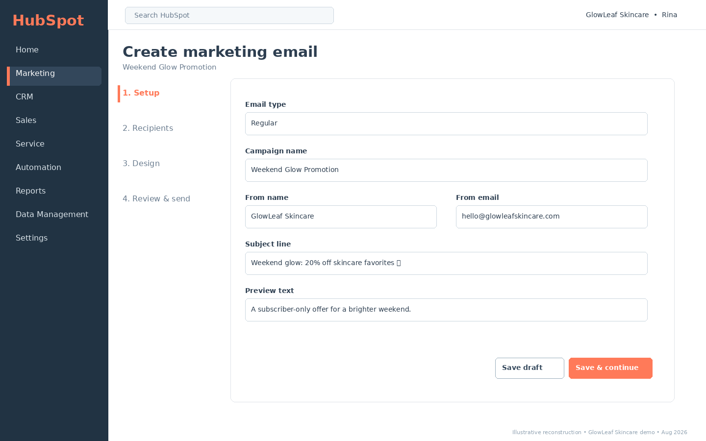 HubSpot marketing email setup screen showing email type, campaign name, sender details, subject line and preview text.