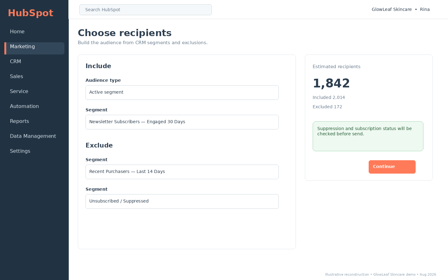 HubSpot recipient selection screen showing included CRM segments, excluded segments and estimated recipients.