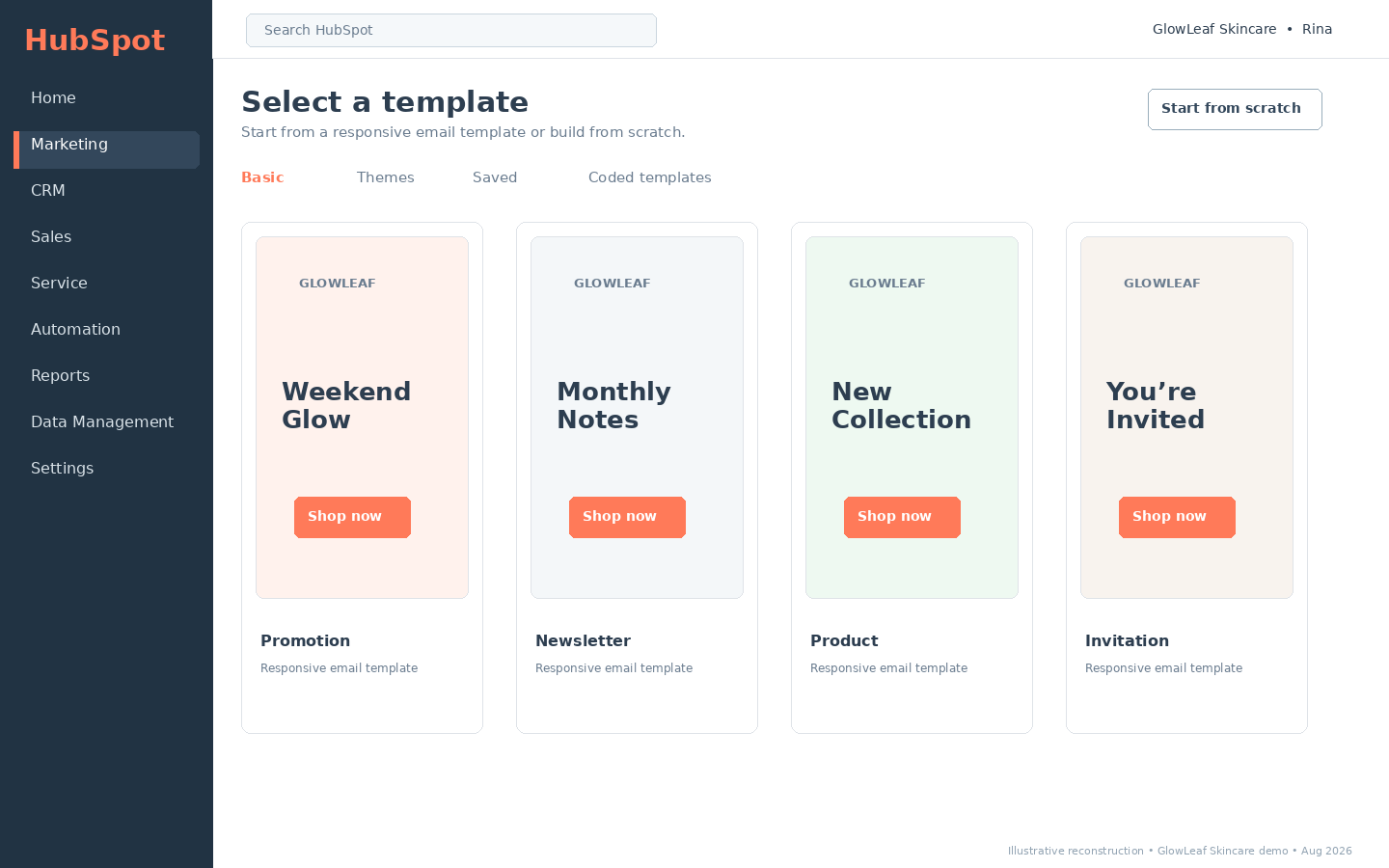 HubSpot email template gallery showing promotional, newsletter, product and invitation templates with a start-from-scratch option.