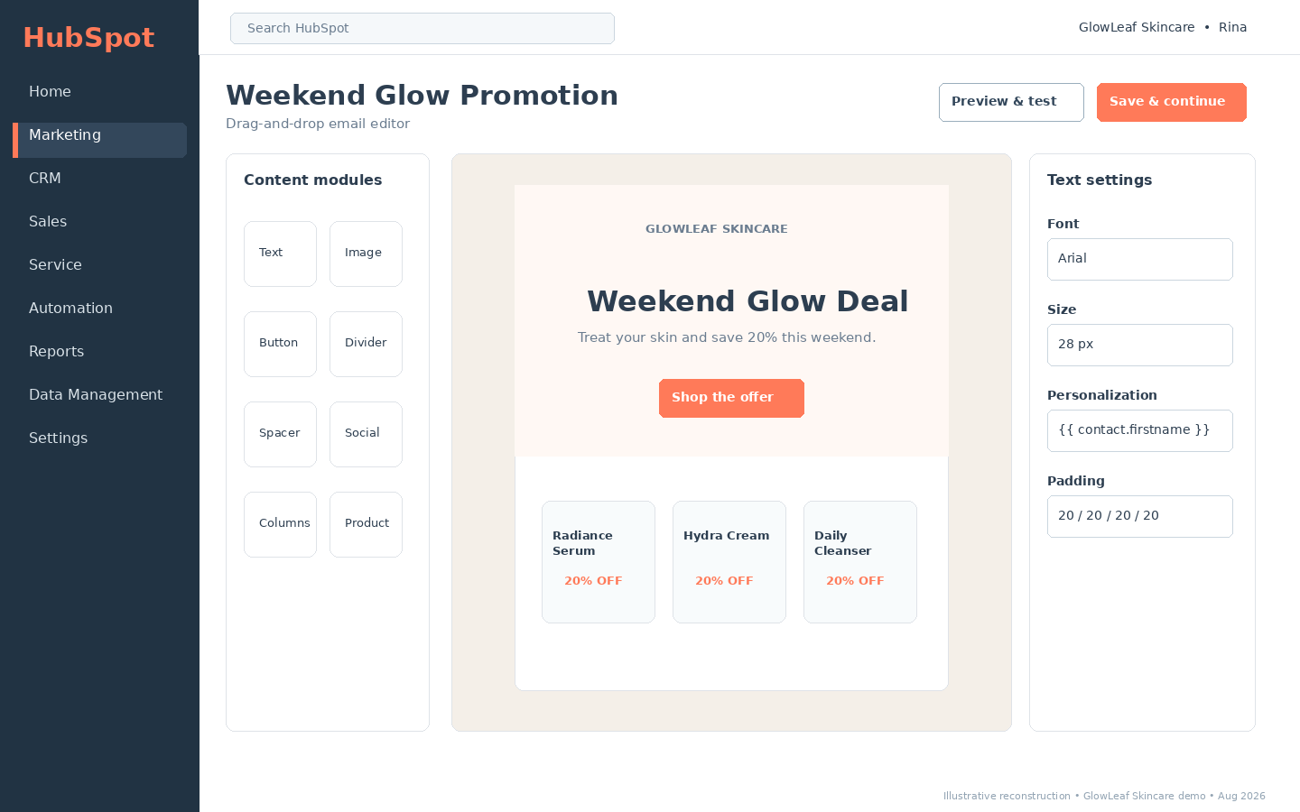 HubSpot drag-and-drop email editor showing content modules, personalization controls, text settings and a promotional email layout.