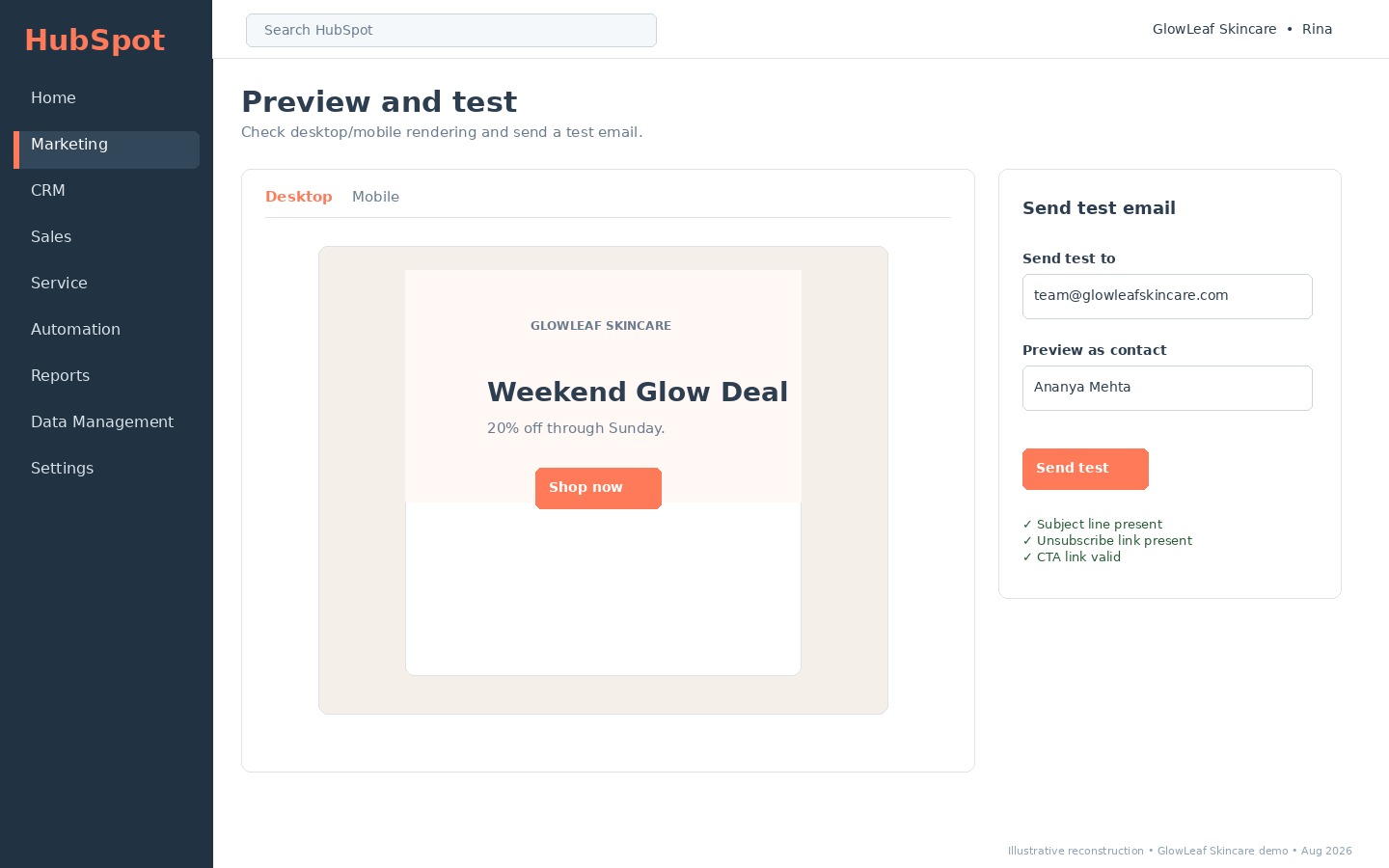 HubSpot preview and test screen showing desktop and mobile email views, test-send controls and personalization testing.