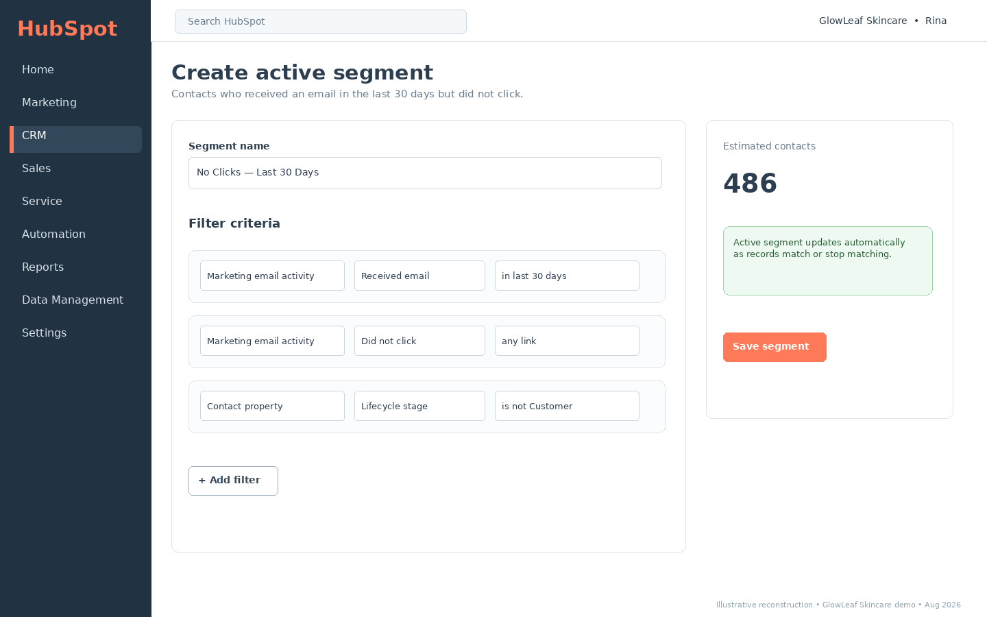 HubSpot active segment builder showing behavioral and contact-property filters with an estimated contact count.