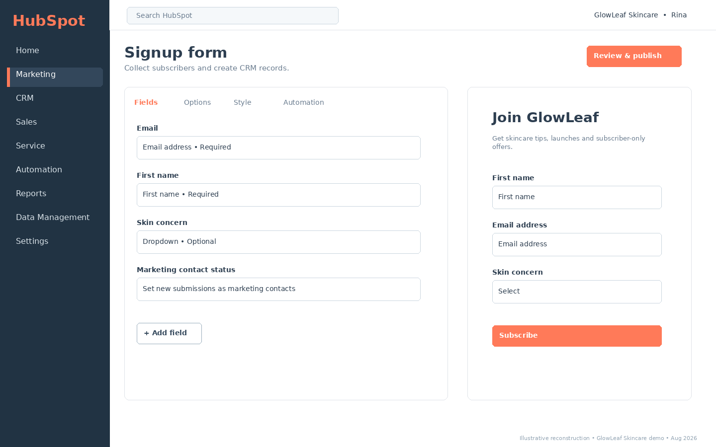 HubSpot signup form builder showing form fields, marketing contact status settings and a lead-capture form preview.