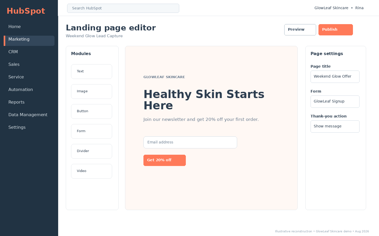 HubSpot landing page builder showing page modules, signup form, page settings and a lead-capture landing page preview.