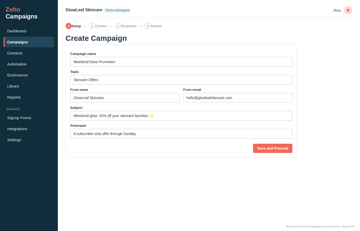 Zoho Campaigns create campaign screen showing campaign name, topic, sender details, subject line and preheader text.