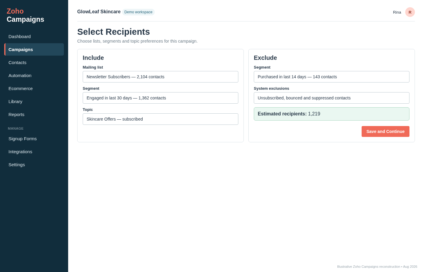 Zoho Campaigns recipient selection screen showing included mailing lists, segments and topics, excluded contacts and estimated recipients.
