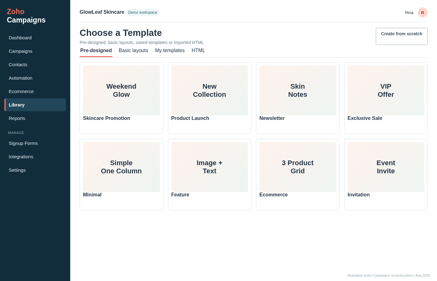 Zoho Campaigns template library showing promotional, product, newsletter, ecommerce and invitation email templates with a create-from-scratch option.