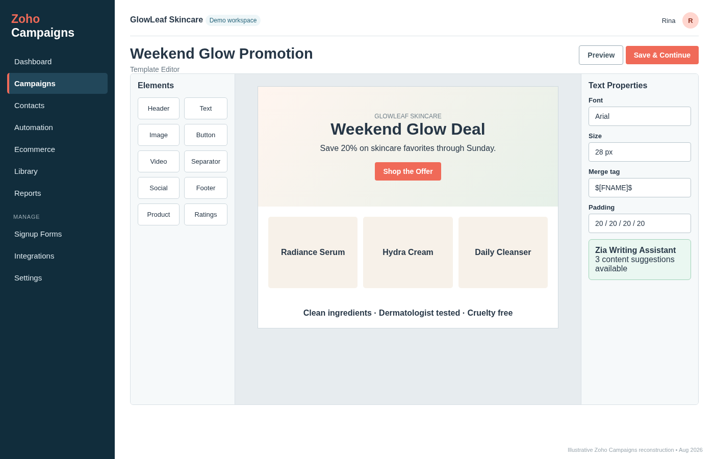 Zoho Campaigns drag-and-drop template editor showing content elements, text properties, merge tags and a promotional email layout.