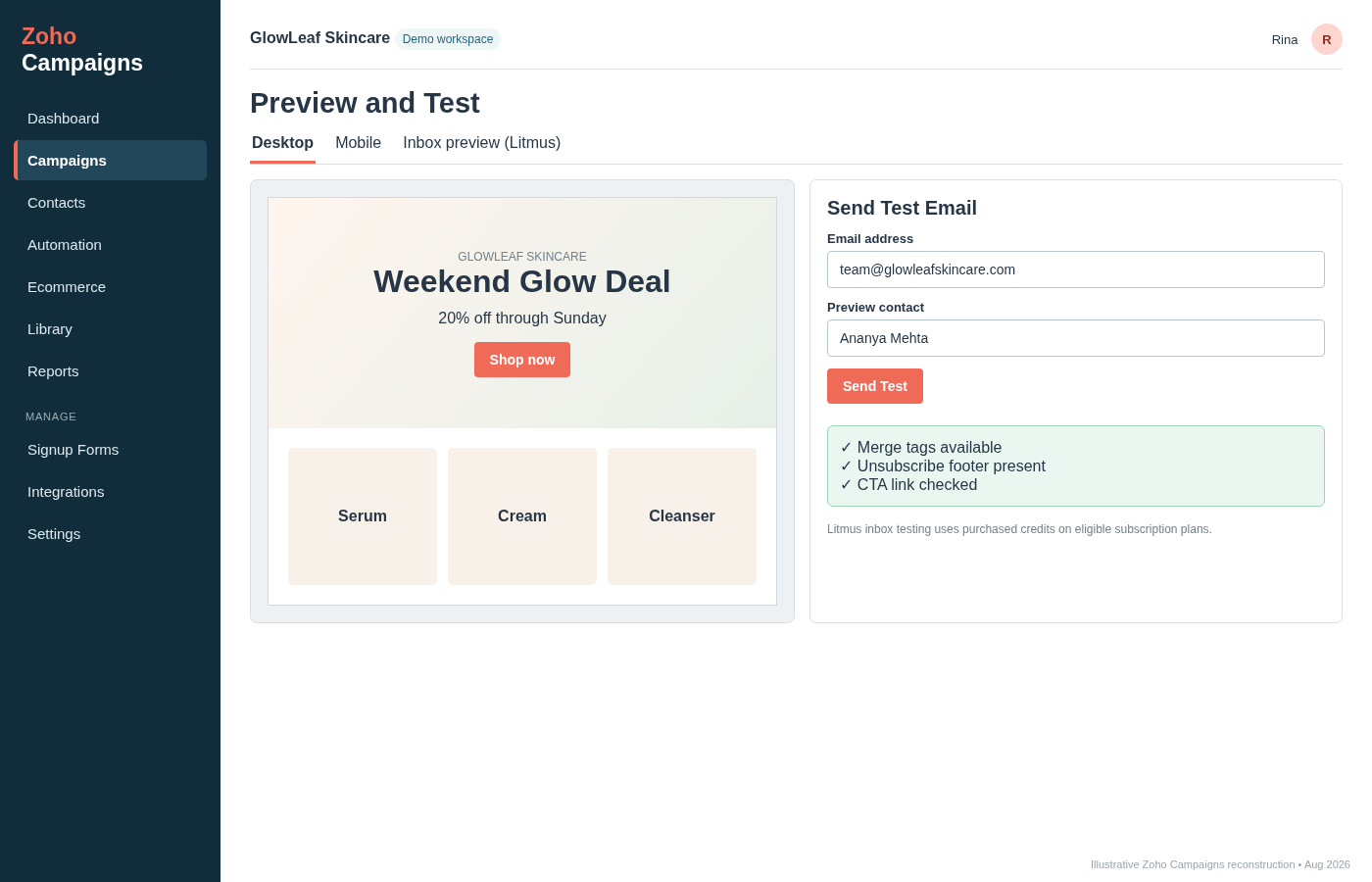 Zoho Campaigns preview and test screen showing desktop and mobile preview options, test-email controls and campaign checks.