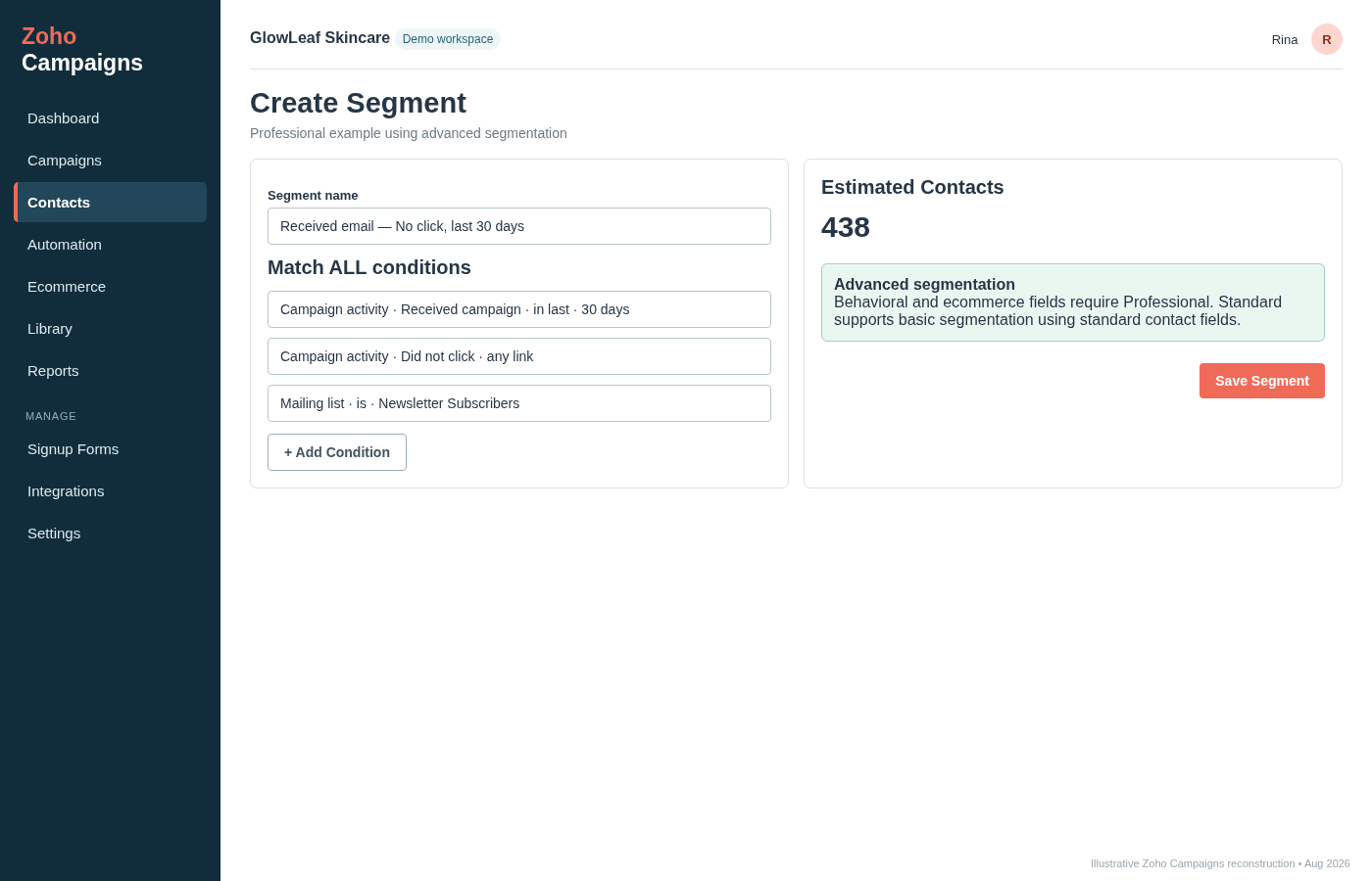 Zoho Campaigns advanced segment builder showing campaign activity conditions, mailing-list rules and estimated matching contacts.
