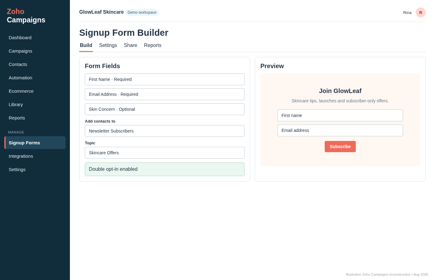 Zoho Campaigns signup form builder showing form fields, mailing-list assignment, topic selection, double opt-in and form preview.