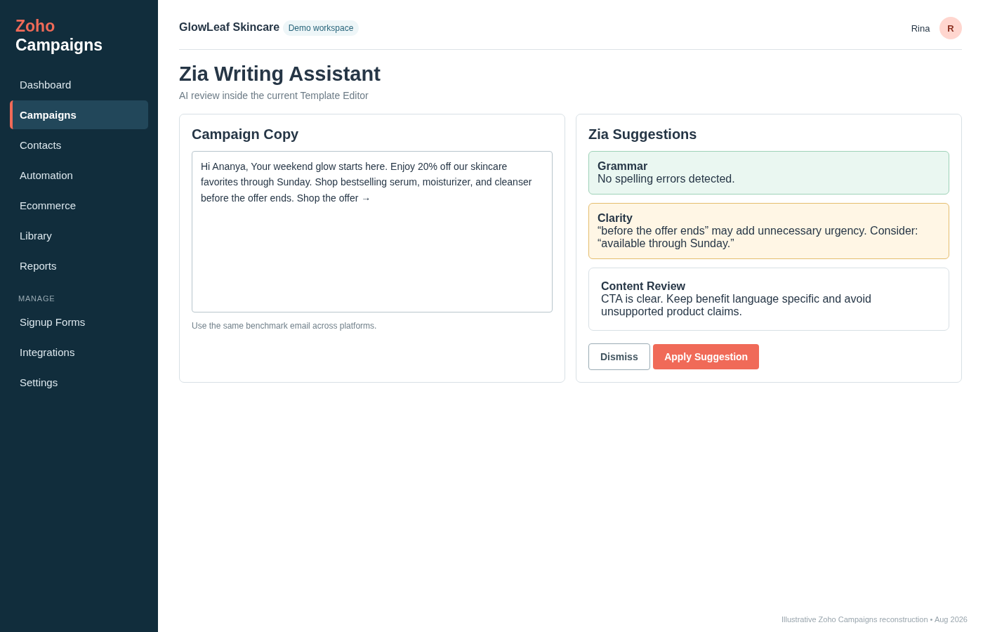 Zoho Campaigns Zia Writing Assistant showing campaign copy with grammar, clarity and content review suggestions.