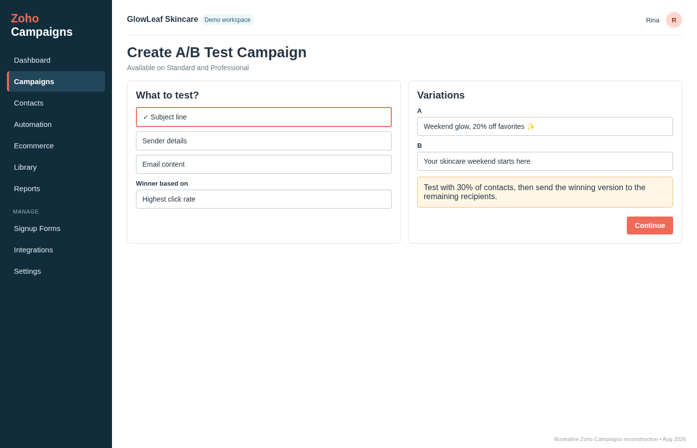 Zoho Campaigns A/B test setup showing subject line variations, winner criteria and test audience settings.