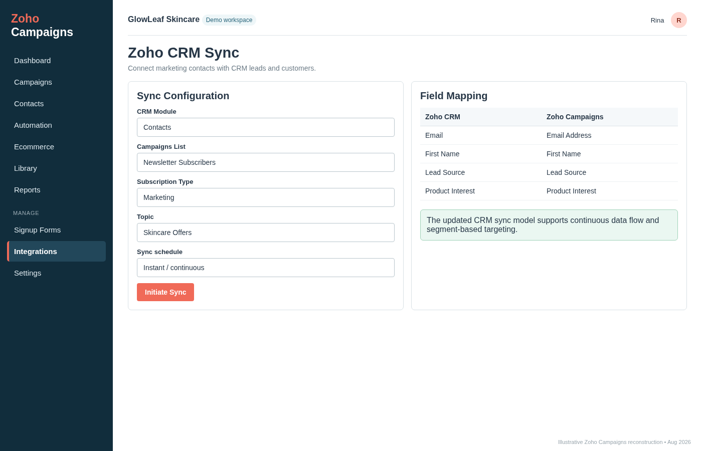 Zoho Campaigns CRM sync screen showing Zoho CRM module selection, mailing-list mapping, topic assignment, sync schedule and field mapping.