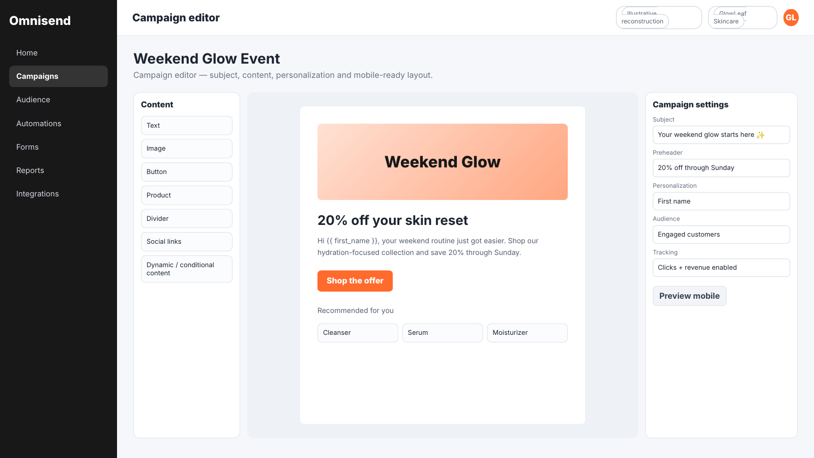Omnisend ecommerce campaign editor showing the Weekend Glow email, content blocks, subject line, preheader, audience and preview controls.