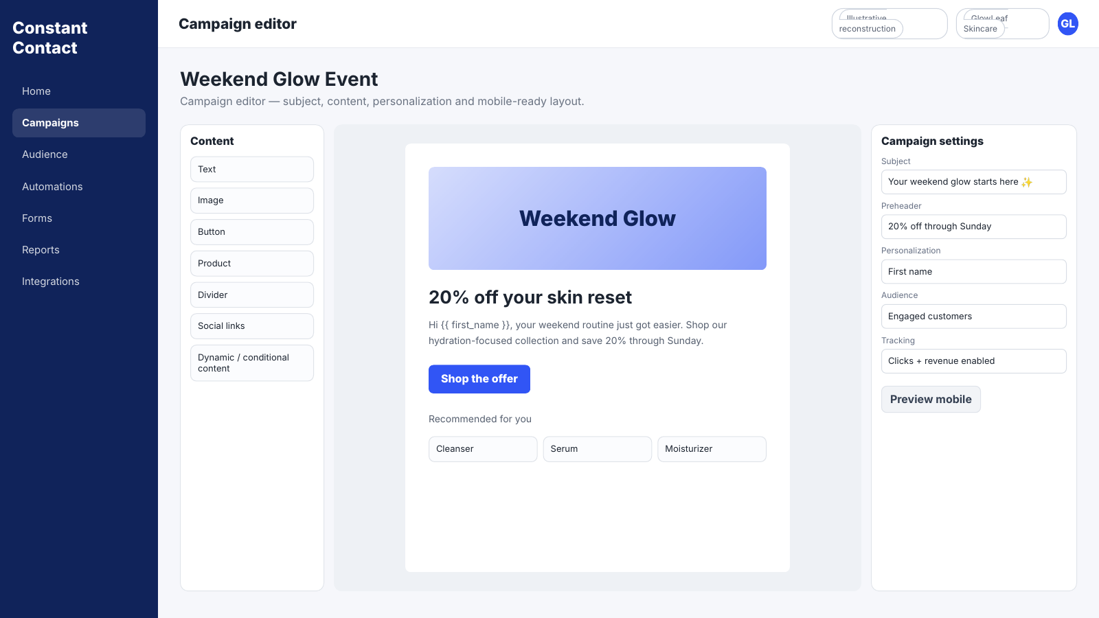 Constant Contact campaign editor showing the Weekend Glow email, content blocks, subject line, preheader, audience and preview controls.
