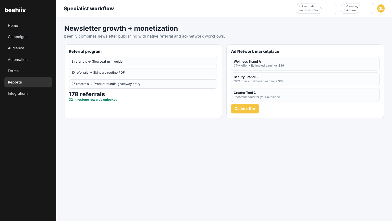 beehiiv growth and monetization screen showing referral milestones, referral counts and Ad Network marketplace opportunities.
