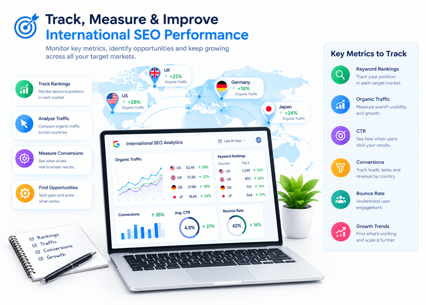 International SEO performance dashboard showing keyword rankings, organic traffic, click-through rate, conversions, and growth trends across multiple target markets, helping businesses measure search visibility, identify opportunities, evaluate results, and improve global SEO performance across international markets.