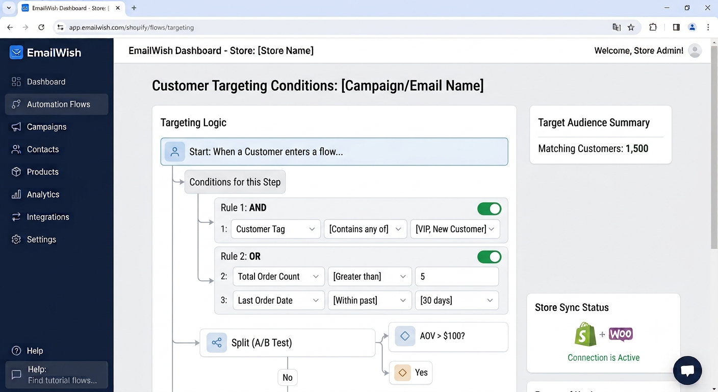 A screenshot of the EmailWish dashboard showing an "Activated" automated customer journey with sophisticated targeting logic based on triggers, customer tags, order values, and A/B testing, alongside matching customer summaries, active journey metrics, recent exits, and store synchronization status.
