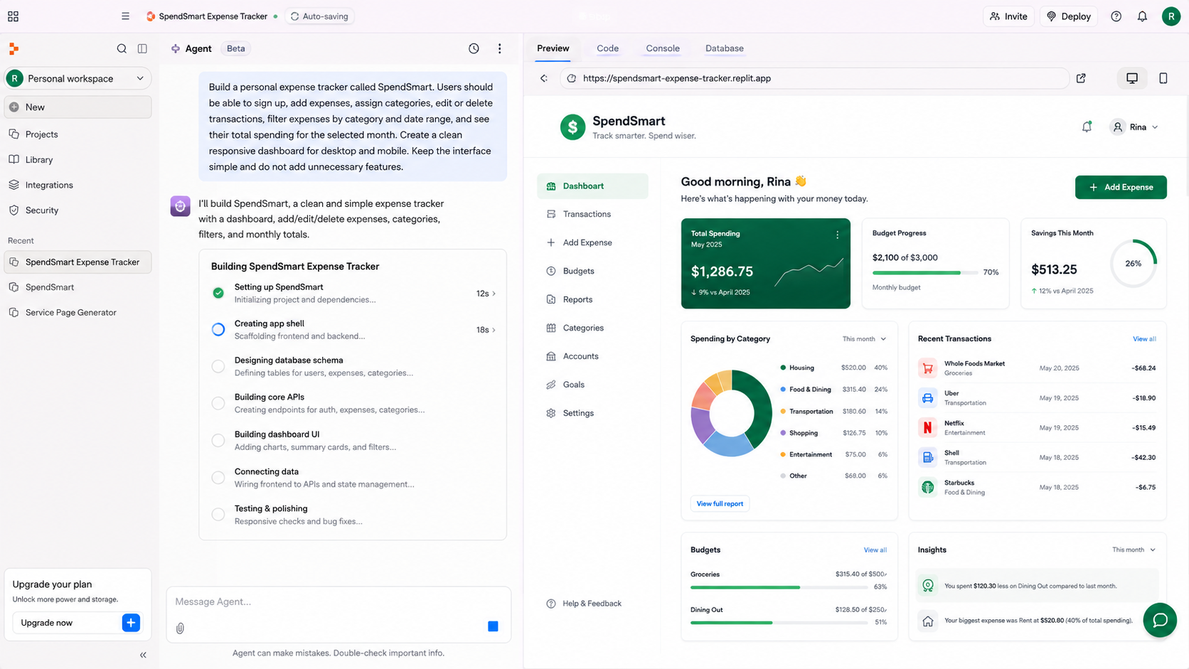  Initial SpendSmart dashboard in Replit showing total spending, category breakdown, recent transactions and an Add Expense action.