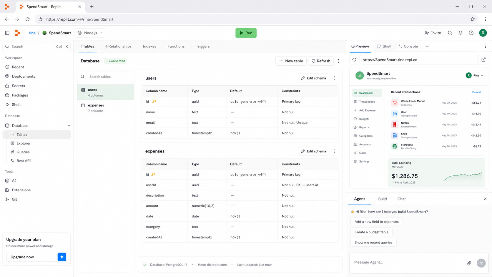 Replit database view showing users and expenses tables beside the SpendSmart application preview.