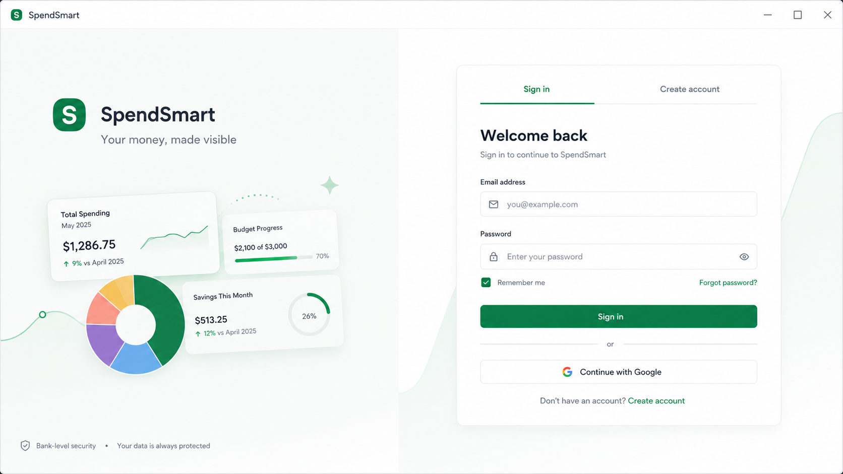 SpendSmart sign-in and account-creation screen with email, password and Google sign-in options.