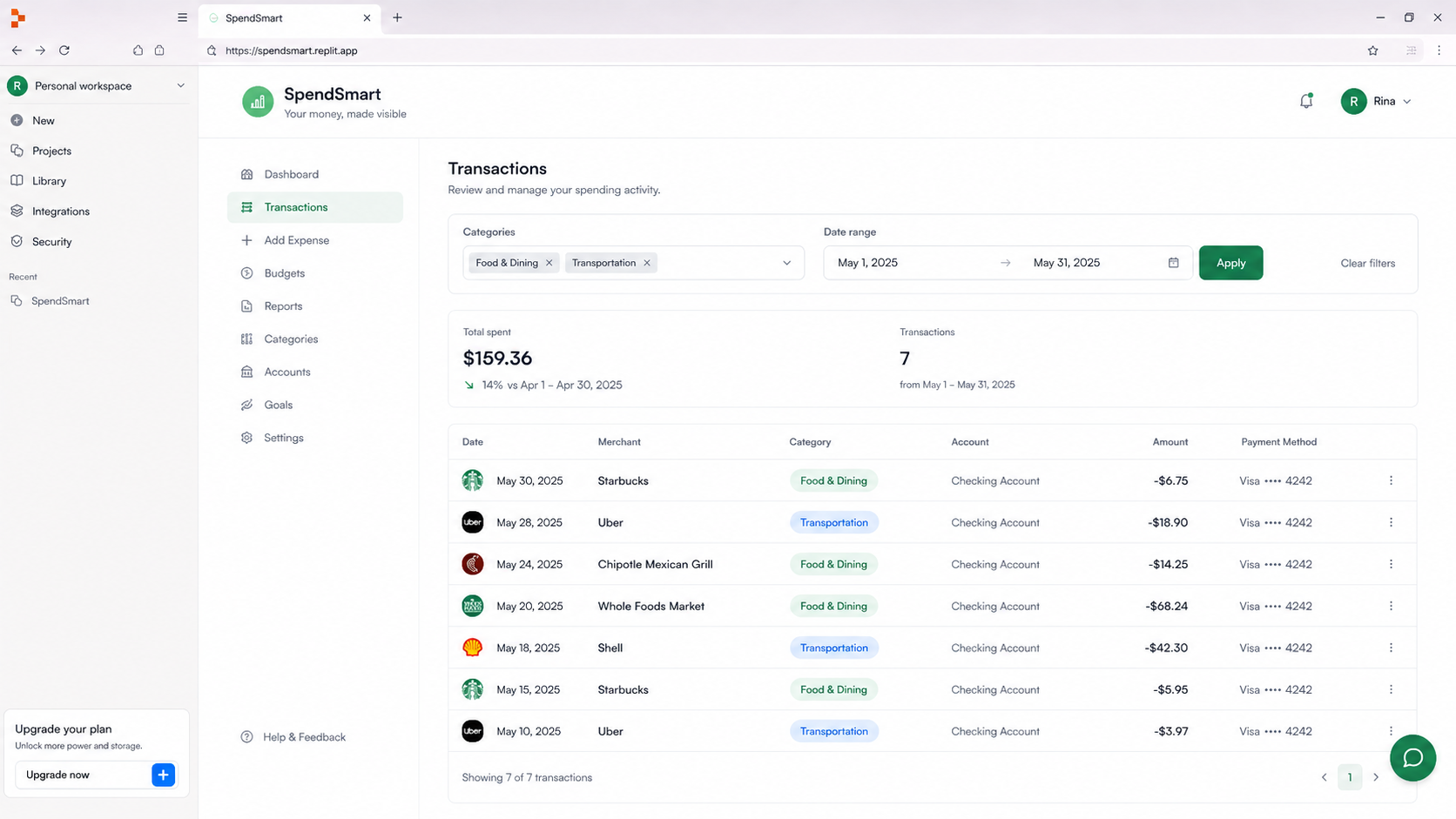 SpendSmart transactions screen with category and date-range filters, filtered totals and transaction results.