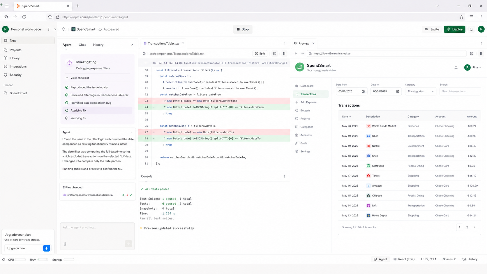 Replit Agent workspace showing a code diff, filter-repair discussion and SpendSmart transaction preview during debugging.