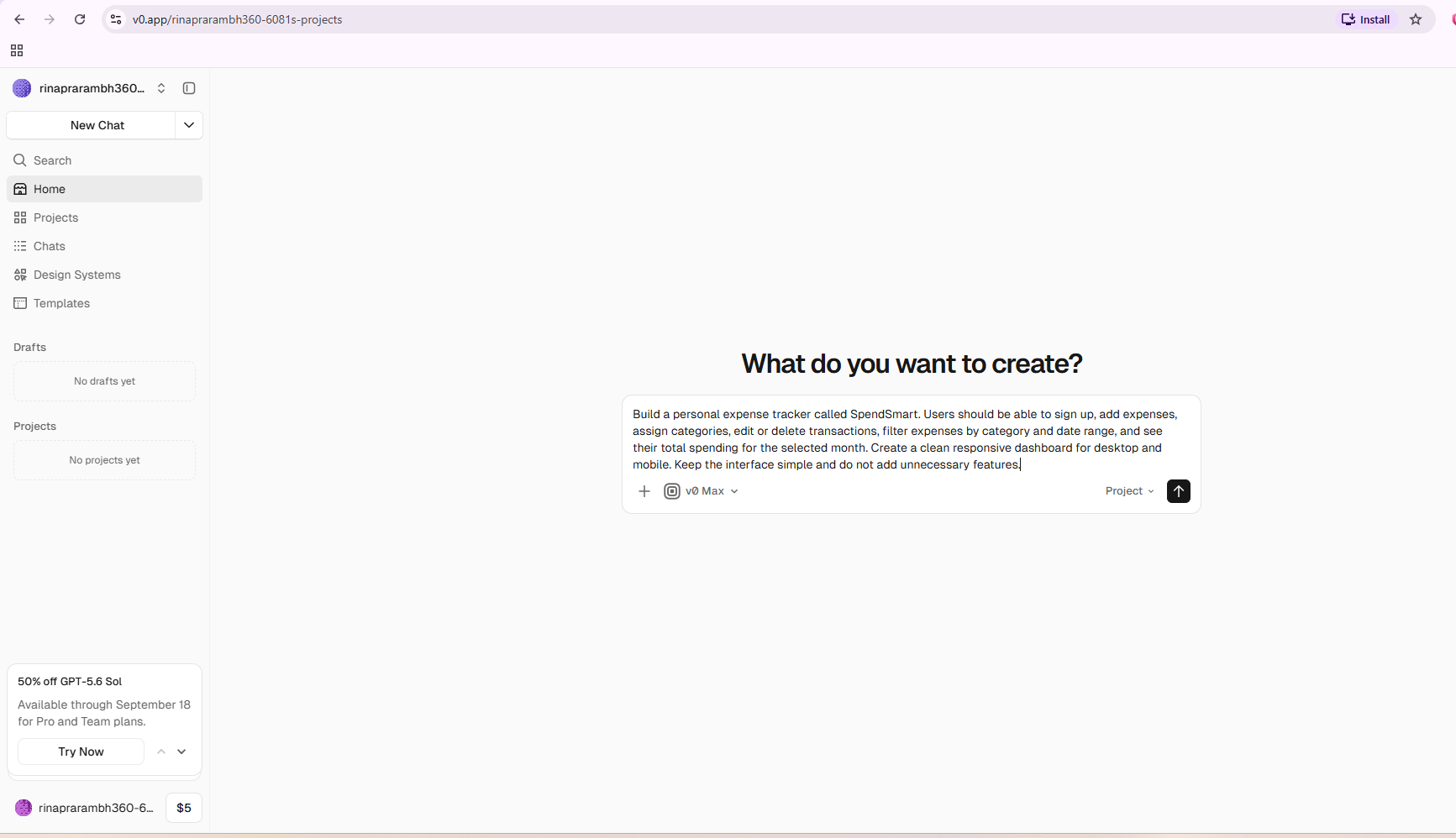 v0 start screen with the full SpendSmart product prompt ready for generation.