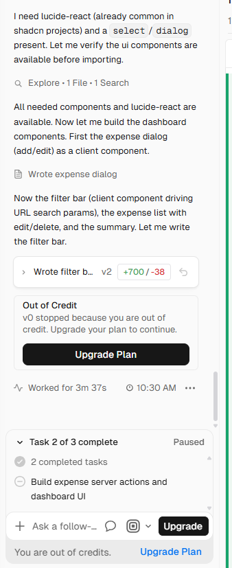  v0 build workflow showing SpendSmart tasks in progress and the account credit limit reached before completion.