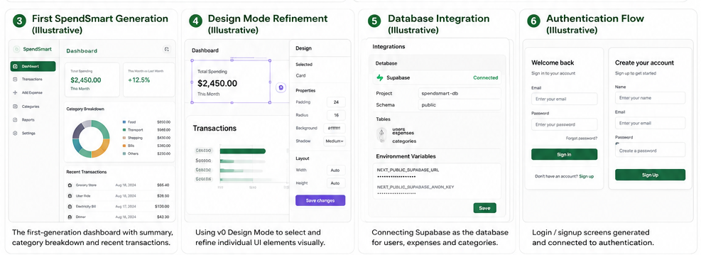 Illustrative four-panel v0 workflow showing the first SpendSmart dashboard, Design Mode refinement, Supabase database integration and login/sign-up screens.