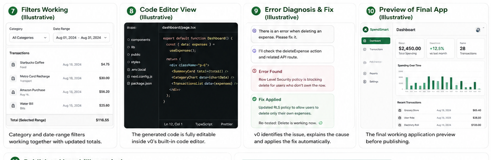 Illustrative four-panel v0 workflow showing working category and date filters, editable code, error diagnosis and repair, and the final SpendSmart preview.