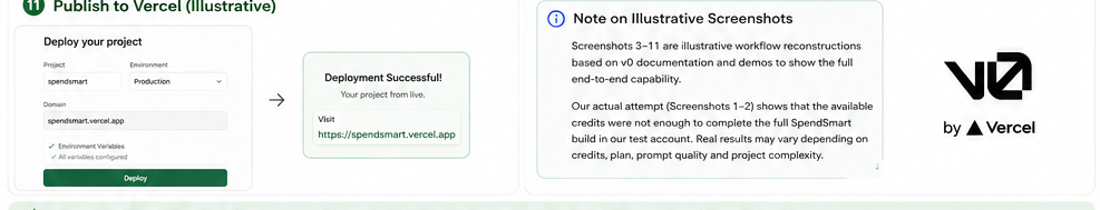 Illustrative v0 publishing flow showing SpendSmart deployment settings, a successful Vercel deployment and a transparency note for the reconstructed workflow images.