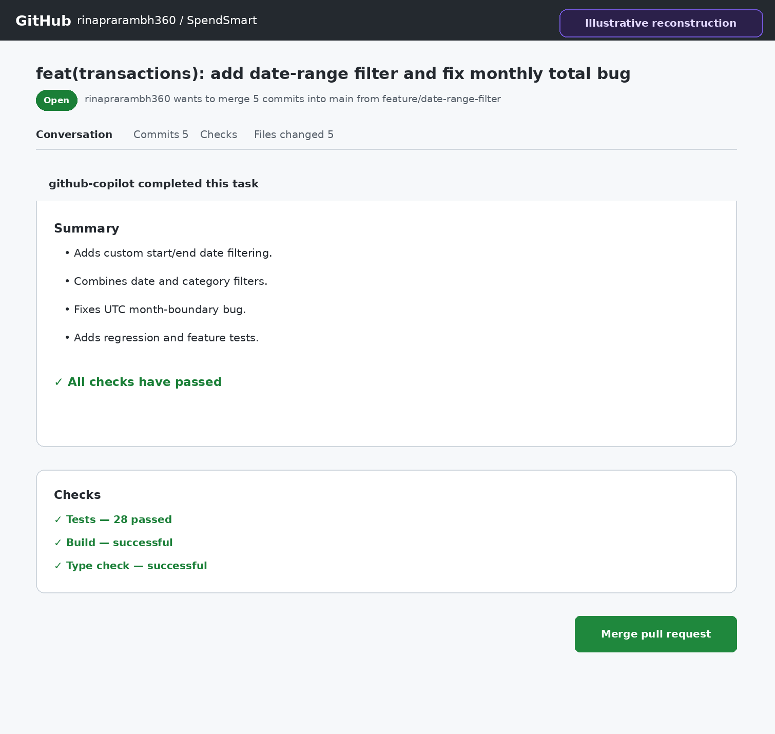 Illustrative GitHub pull request for the SpendSmart changes with branch details, changed files and the review area visible.