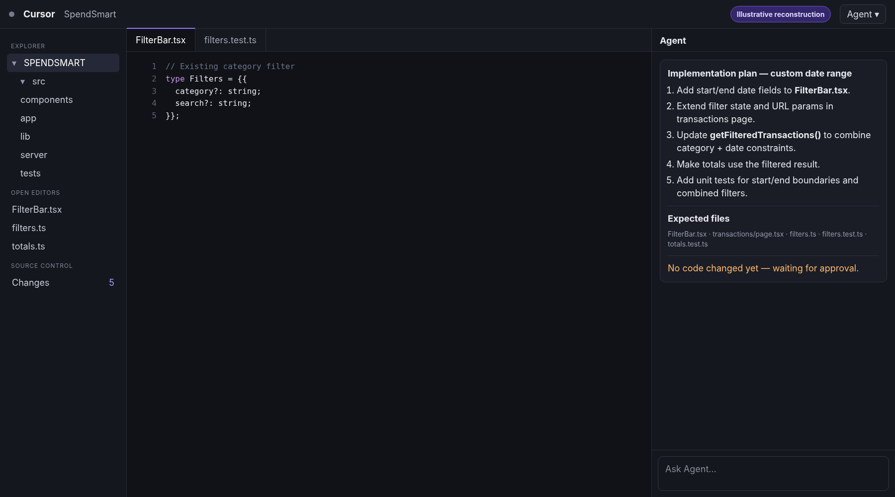  Illustrative Cursor implementation plan identifying the expected UI, filtering and test files before edits begin.