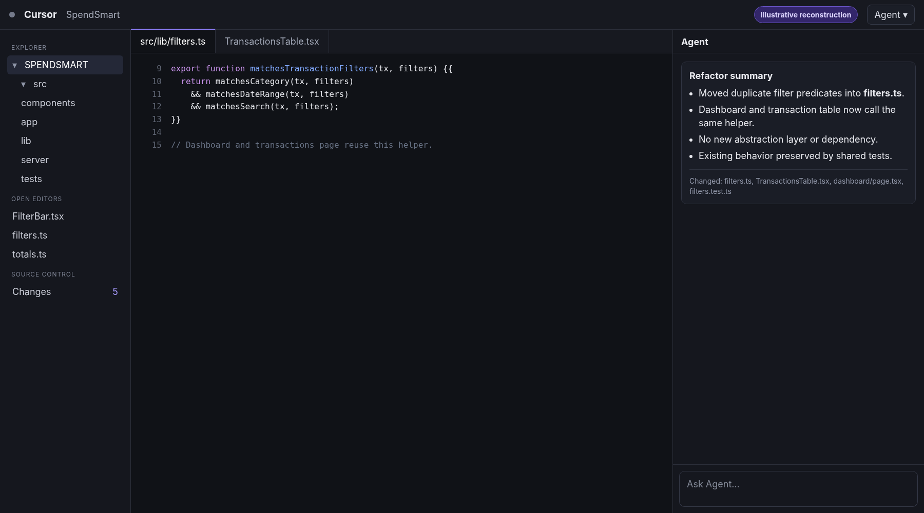 Illustrative Cursor diff refactoring duplicated transaction-filter logic into a reusable implementation.
