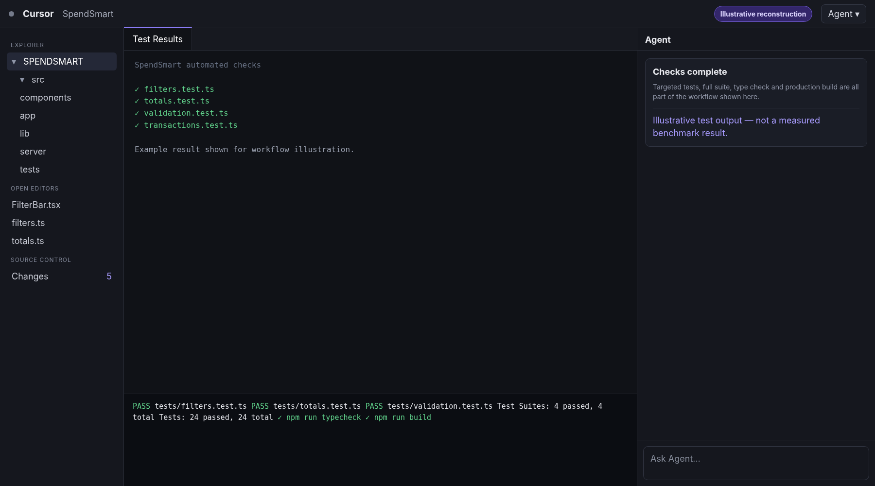 Illustrative Cursor terminal showing Agent-driven test, typecheck and build validation for SpendSmart.