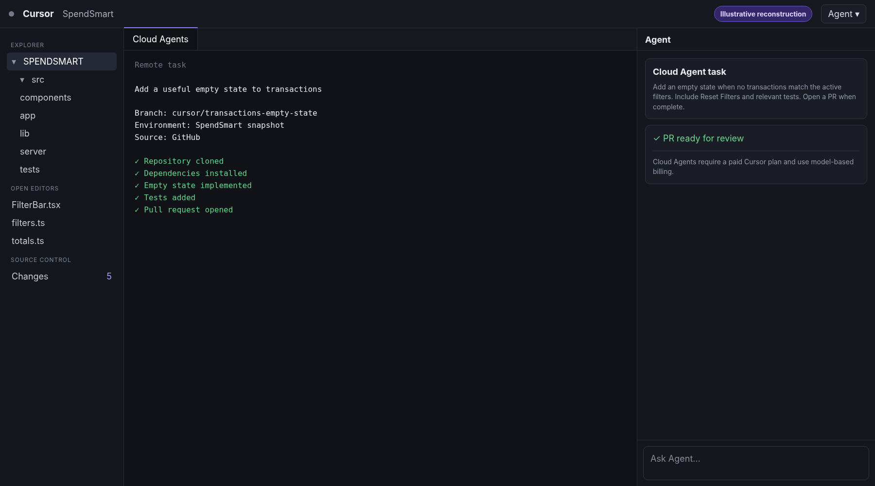 Illustrative Cursor Cloud Agent task showing remote environment setup, validation and pull-request handoff.
