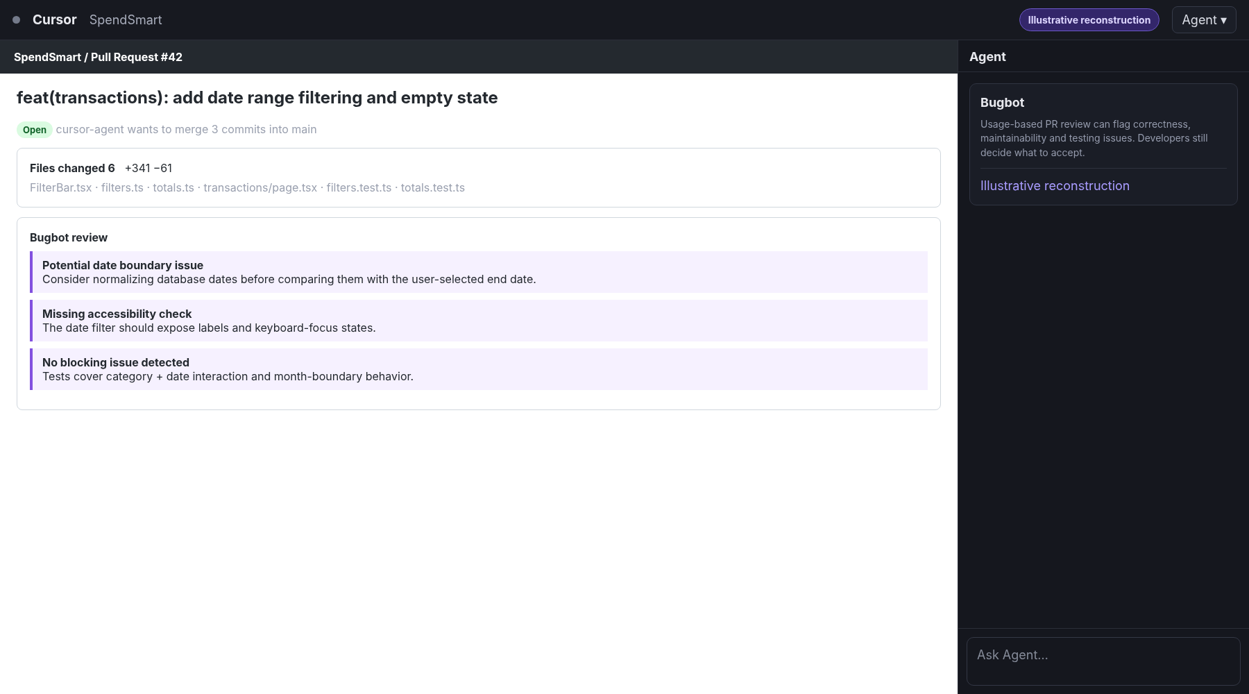 Illustrative Cursor Bugbot pull-request review showing correctness, accessibility and test-coverage comments.