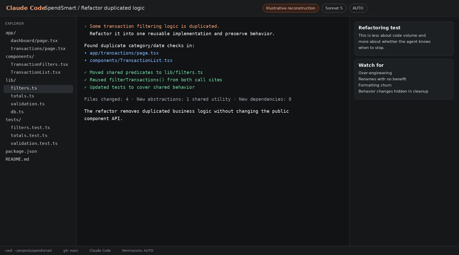  Illustrative Claude Code refactor consolidating duplicated SpendSmart filter logic without broad architectural changes.